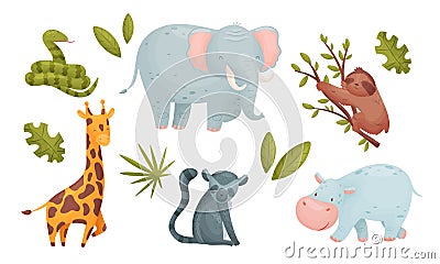 African Animals with Spotted Giraffe and Sloth Sitting on Tree Branch Vector Set Vector Illustration