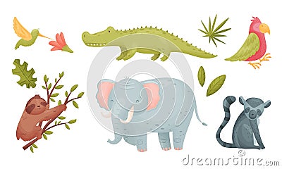 African Animals with Toothy Crocodile and Sloth Sitting on Tree Branch Vector Set Vector Illustration