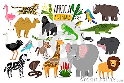 African animals. Various wildlife animals of Africa, vector monkey or marmoset and leopard, parrot and rhinoceros Vector Illustration