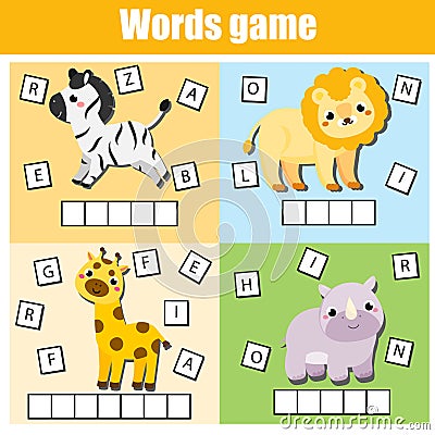 African animals. Write missing letters and complete words. Crossword for kids and toddlers. Educational children game Vector Illustration