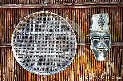 African Artworks on Bamboo Wall Stock Photo