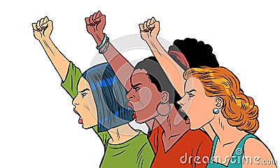 African Asian Caucasian women protest Vector Illustration