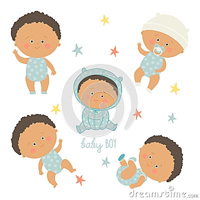 African baby set. African American toddler boys. Vector Illustration