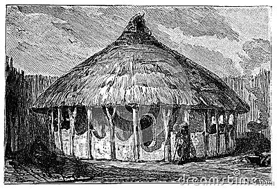 African Bantu Village House.History and Culture of Africa. Antique Vintage Illustration. 19th Century. Cartoon Illustration