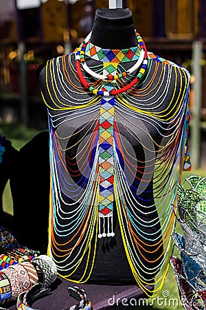 African beaded necklace on display. Editorial Stock Photo