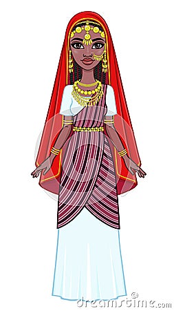 African beauty: animation portrait of the beautiful black woman in a traditional ethnic jewelry. Full growth. Vector Illustration