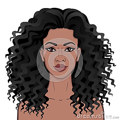 African beauty. Animation portrait of the young beautiful black woman with curly hair. Vector Illustration