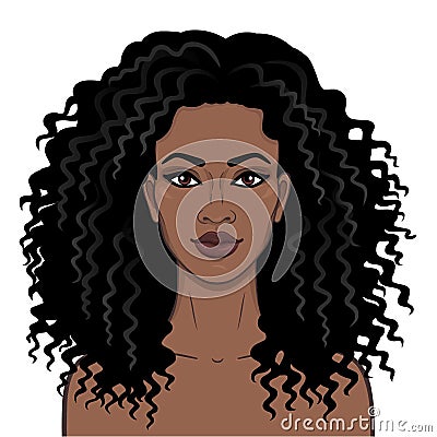 African beauty. Animation portrait of the young beautiful black woman with curly hair. Vector Illustration