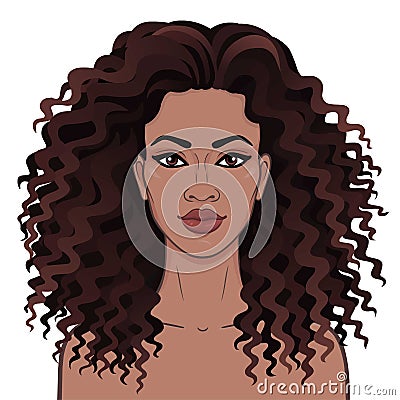 African beauty. Animation portrait of the young beautiful black woman with curly hair. Vector Illustration
