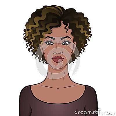 African beauty. Animation portrait of the young beautiful black woman with curly hair. Vector Illustration