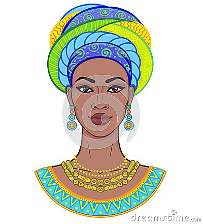 African beauty. Animation portrait of the young black woman in a turban. Vector Illustration