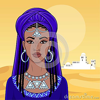 African beauty. Animation portrait of the young black woman in a turban. Vector Illustration