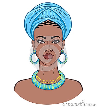 African beauty. Animation portrait of the young black woman in a turban. Vector Illustration