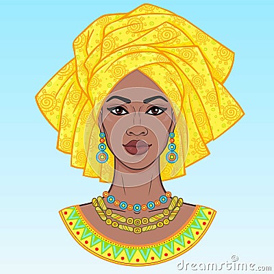 African beauty. An animation portrait of the young black woman in a turban. Vector Illustration
