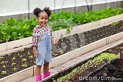 African black child playing planting the green tree gardening in agriculture farm. Children love nature concept Stock Photo