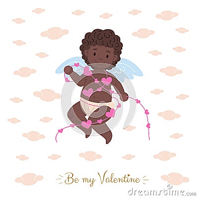 African black cupid holding garland Vector Illustration