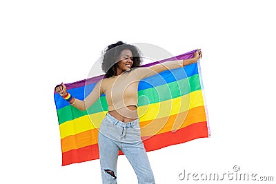 african black women with LGBT rainbow flag happy joyful cheerful celebrate pride month isolated on white background with clipping Stock Photo