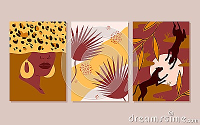 African boho art set, minimalist posters with portrait of woman, wild black panthers Vector Illustration