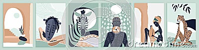 African boho people, animals, ethnic mask and architecture in contemporary art set Vector Illustration