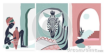 African boho tribe people and zebra animal, summer poster wall art print set template Vector Illustration