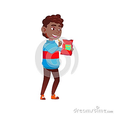 african boy child eating chips snack from package cartoon vector Vector Illustration