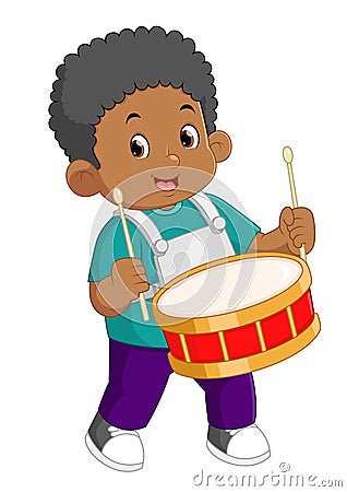 an African boy passionately plays the red drum musical instrument Vector Illustration