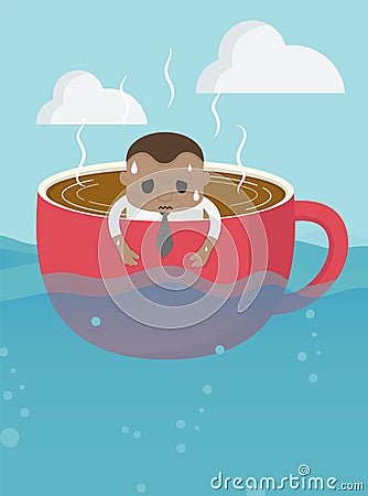 African business men tired in cup of coffee in vast sea with a tired expression showing his overwork Vector Illustration