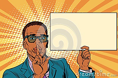 African businessman asking for silence, Billboard poster Vector Illustration