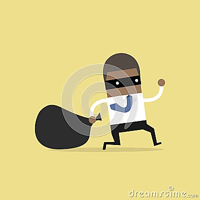 African businessman in burglar mask flees with stolen bag. Vector Illustration
