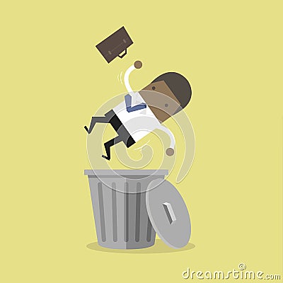 African businessman works on laptop and a win jackpot, financial success.African businessman dropped into trashcan layoff concept. Vector Illustration