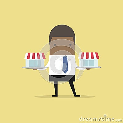 African businessman with franchise shop on tray, franchise concept. Vector Illustration