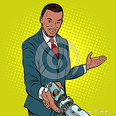 African businessman handshake to robot Vector Illustration