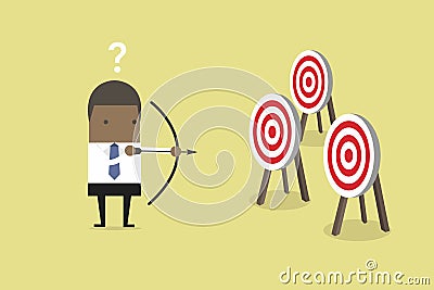 African businessman holding bow and arrow confused by multiple bulls eye target. Vector Illustration