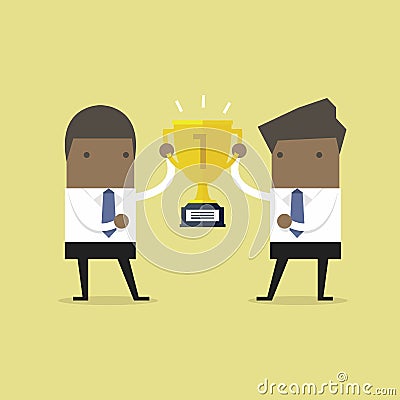 African businessman holding gold winner cup together. Vector Illustration