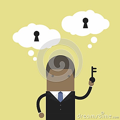 African businessman holding key for unlock the idea. Vector Illustration