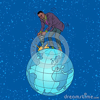 An African businessman with a jackhammer extracts natural resources from the planet earth. The world economy. Global Vector Illustration