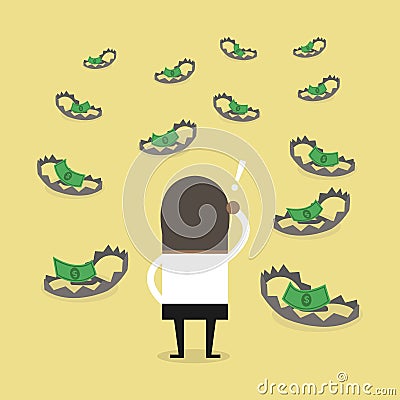 African businessman look at money on trap. Vector Illustration