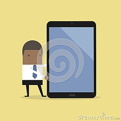 African businessman making a presentation on a large tablet or smartphone. Vector Illustration