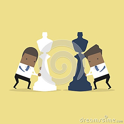 African businessman moving chess pieces on chess board. Concept of business or politics. Vector Illustration