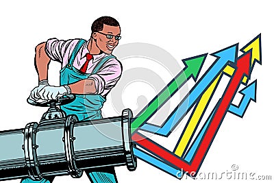 African businessman opens pipe, growth chart up. Isolate on whit Vector Illustration