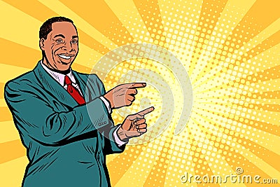 African businessman pointing finger at the side Vector Illustration