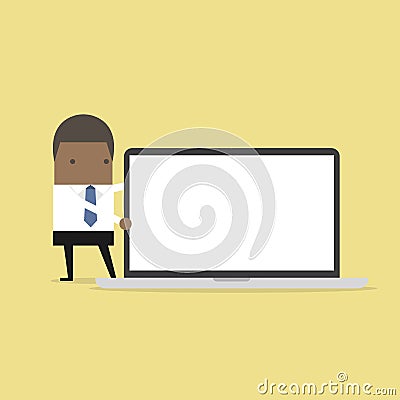 African businessman pointing to laptop display. Vector Illustration