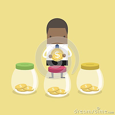 African businessman putting coin into jar. Vector Illustration