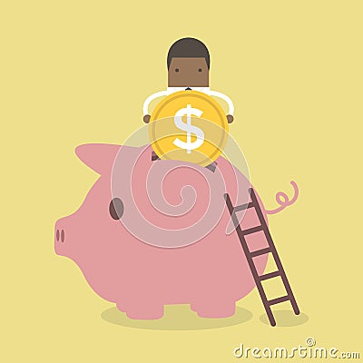 African businessman putting coin into piggy bank. Vector Illustration