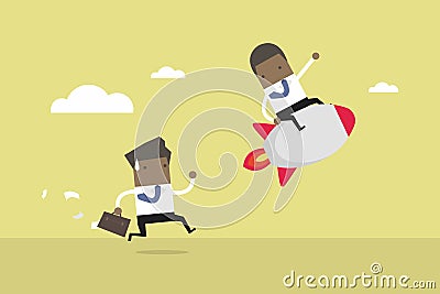 African businessman ride the rocket, Business competition concept. Competitive advantage. Vector Illustration