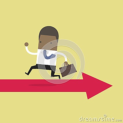 African businessman running opposite arrow way. Vector Illustration