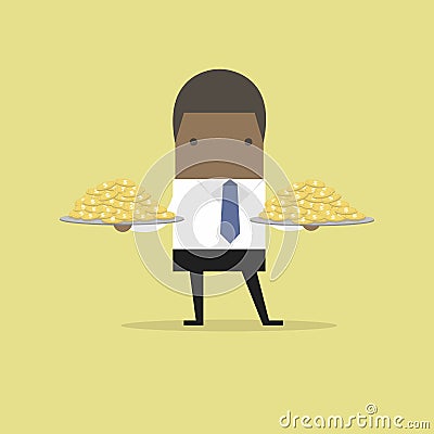 African businessman serve money coin on the plate. Vector Illustration