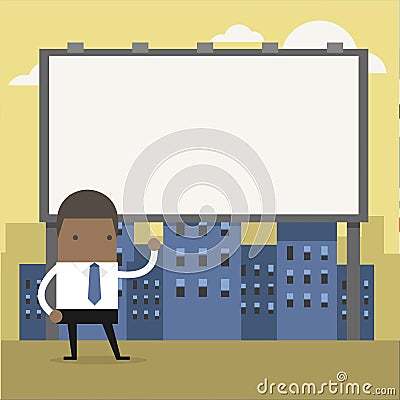 African businessman standing in front of a large billboard. Vector Illustration