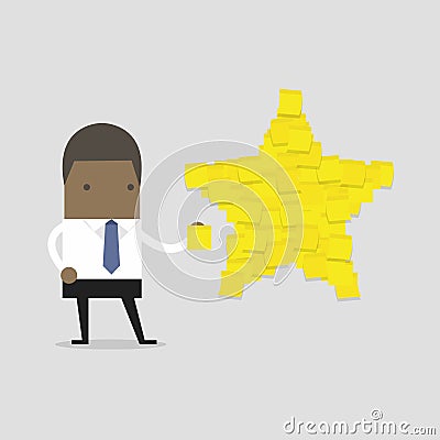 African businessman with star shape yellow sticky notes. Vector Illustration