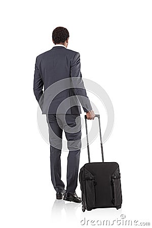 African businessman with suitcase in white room Stock Photo